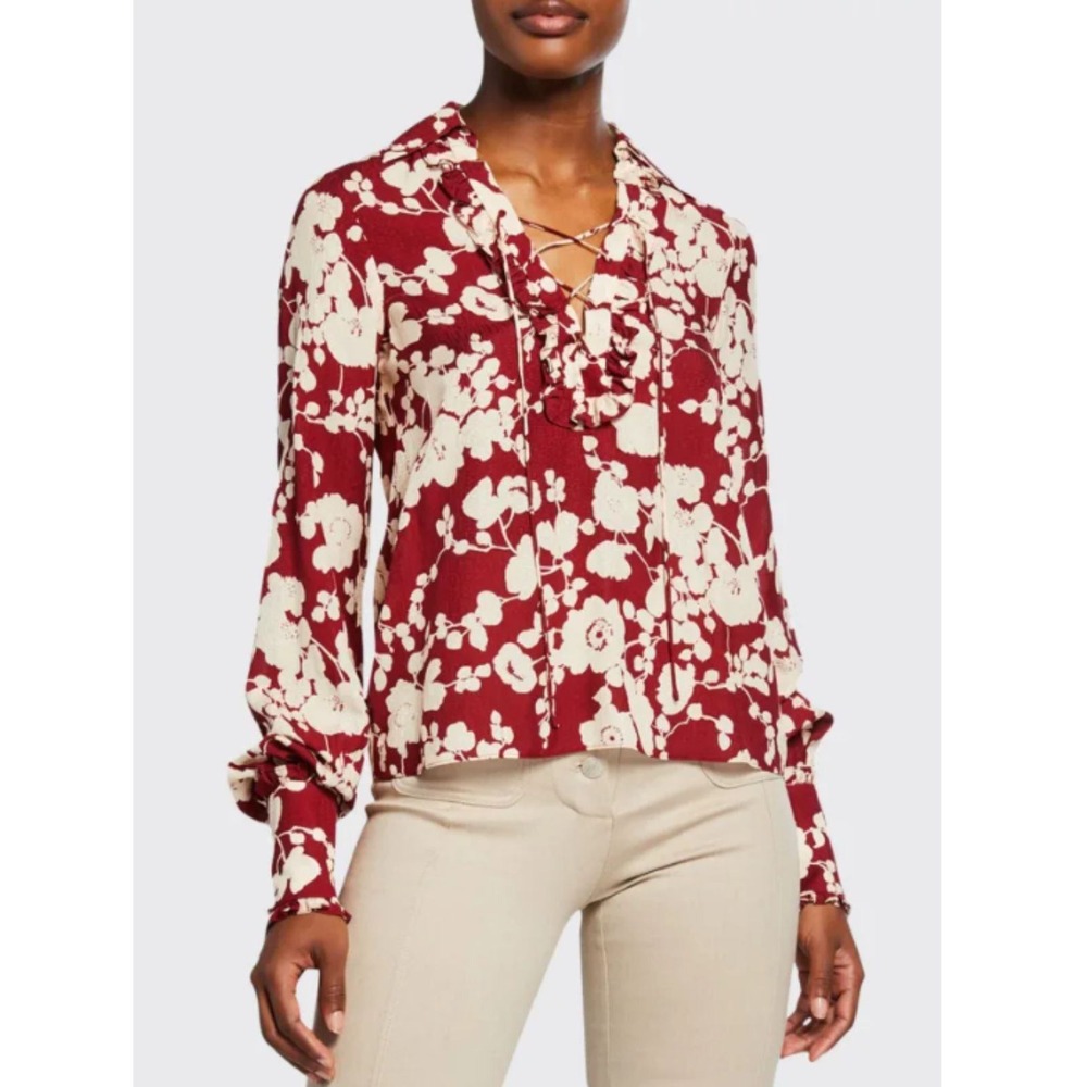Alexis Blouse Women XS Burgundy Floral Lace Up Ruffle Boho Top